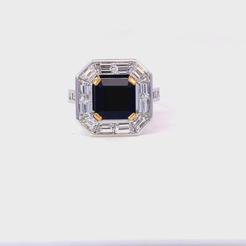 Square step cut black sapphire diamond halo ring with diamond band