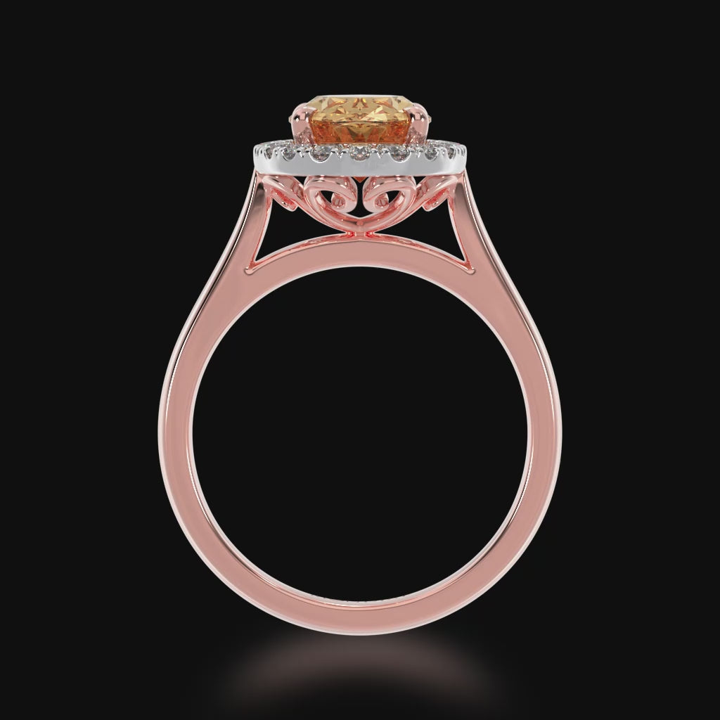 Oval cut champagne diamond halo engagement ring on rose gold band 3d video