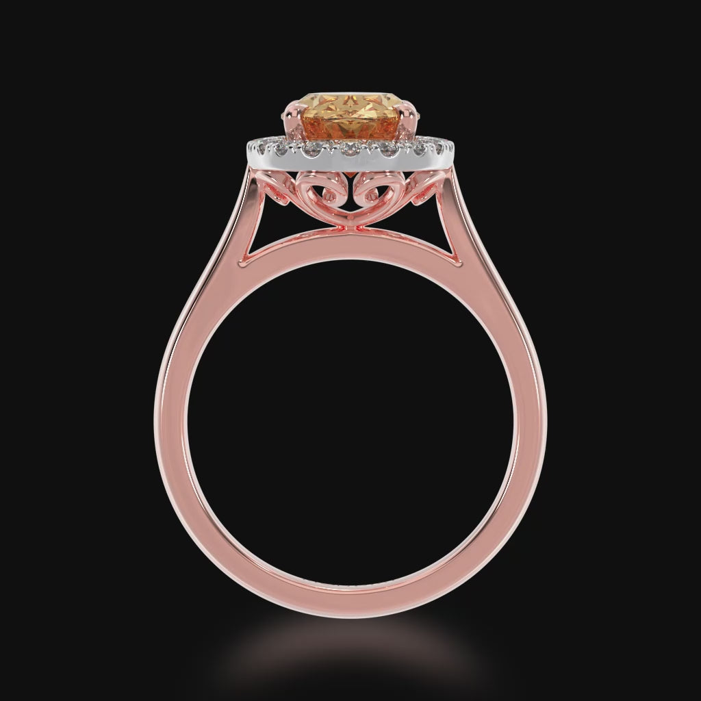 The Mondial by Nadia oval diamond ring with champagne diamond halo on rose gold band 3d video.