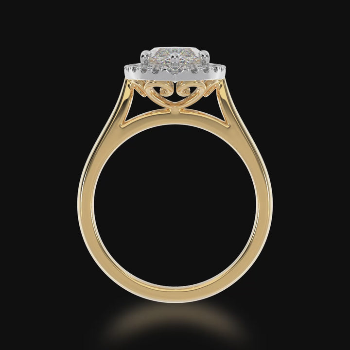 Marquise cut diamond halo engagement ring on yellow band 3d video