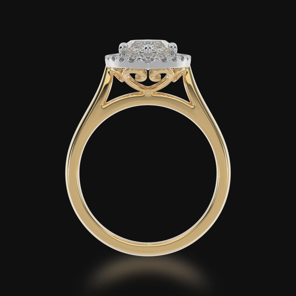 Marquise cut diamond halo engagement ring on yellow band 3d video