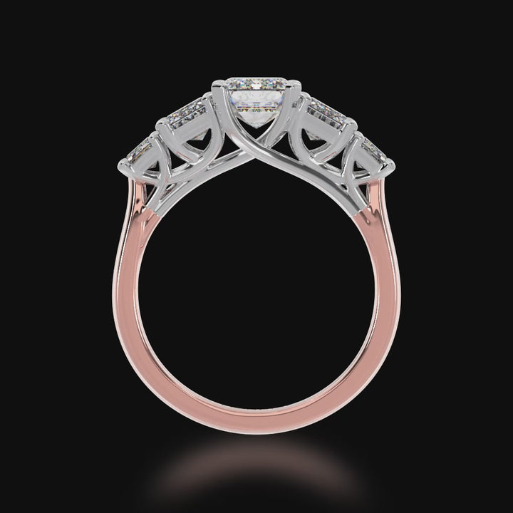 Five stone cushion cut diamond ring on rose gold band 3d video
