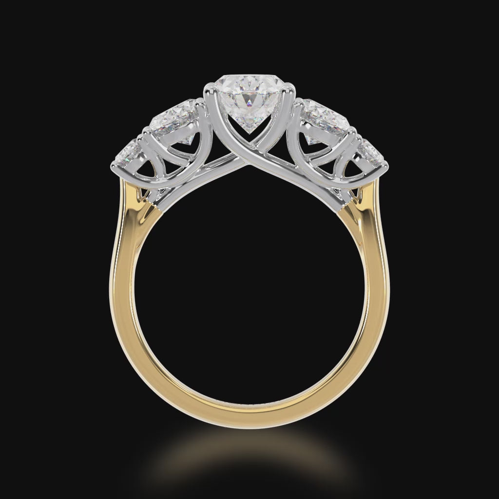 The Mondial by Nadia five stone oval diamond engagement ring on a yellow gold band 3d video.