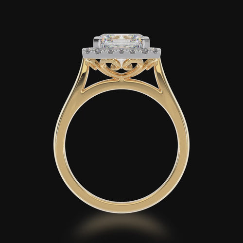 Asscher cut diamond halo engagement ring on a yellow band