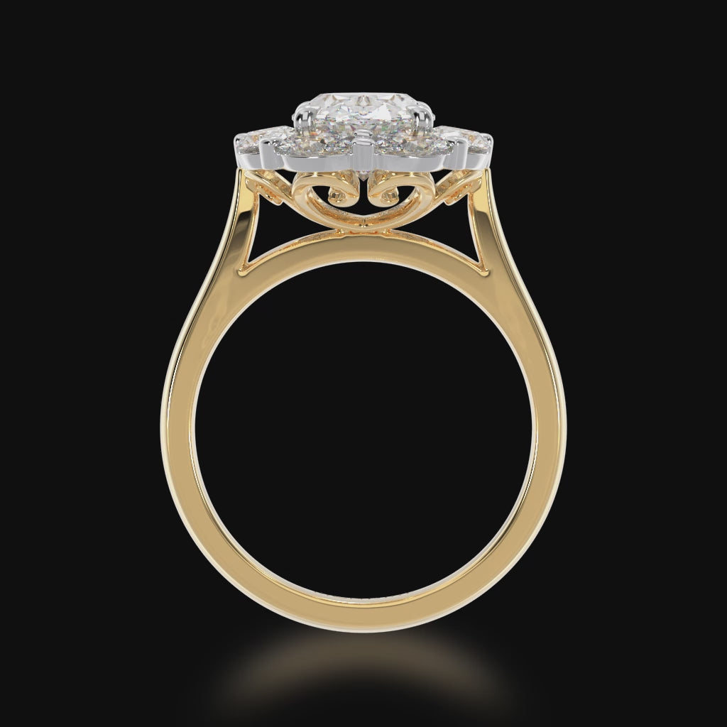 Oval diamond cluster ring with a surrounding halo of ovals on a yellow gold band