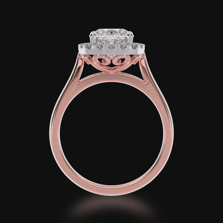 Cushion cut diamond halo ring on a rose gold band 3d video