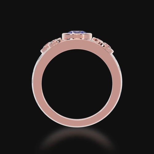 Sapphire and White Diamond Willow filigree design dress ring in white and rose gold