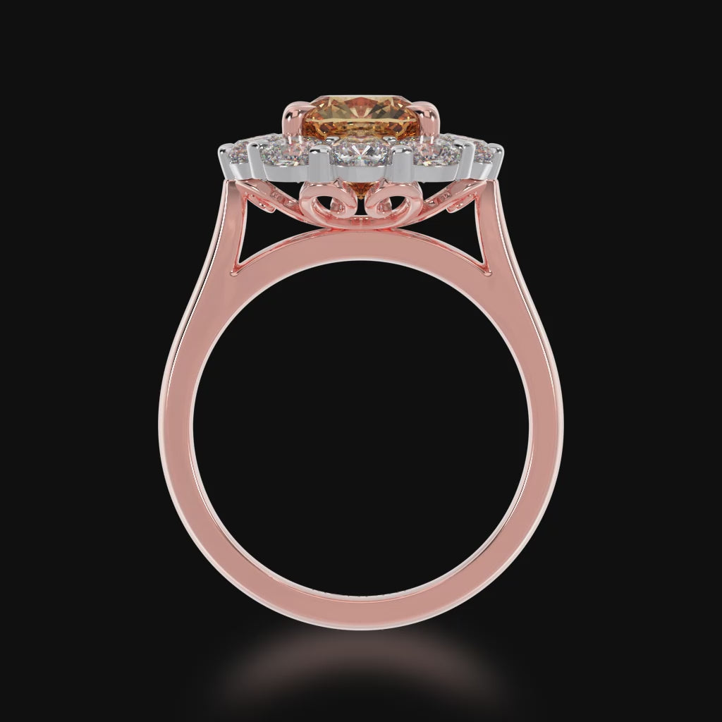 Cushion cut champagne diamond cluster ring on rose gold band 3d video