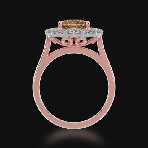 Cushion cut champagne diamond cluster ring on rose gold band 3d video