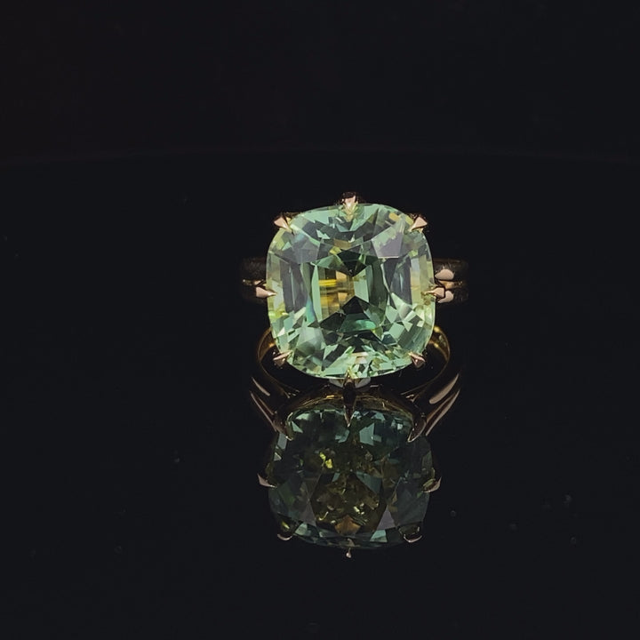 Mint apple green tourmaline cocktail ring set with a cross hatched diamond basket video