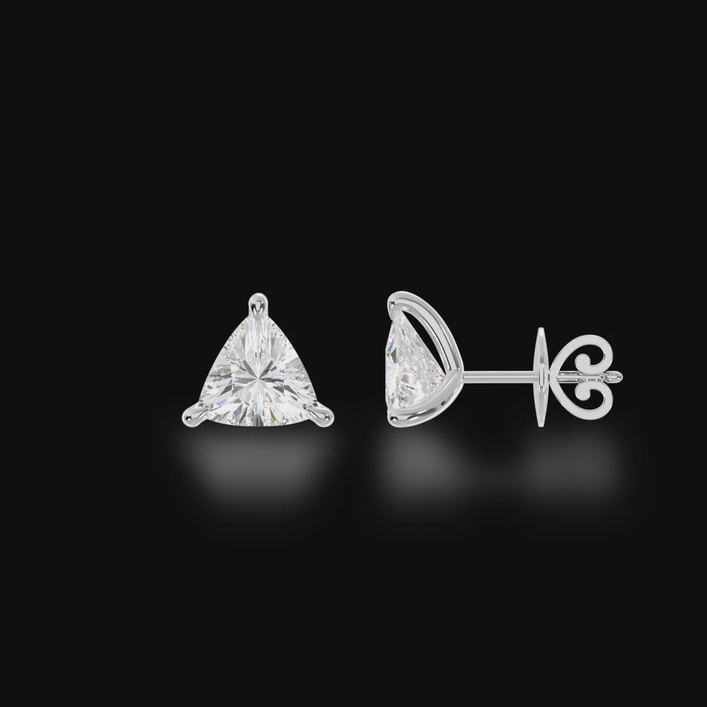 Claw set trilliant cut diamond stud earrings 3d video
