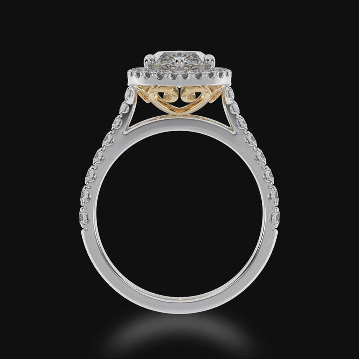 Marquise cut diamond halo engagement ring with diamond set band 3d video