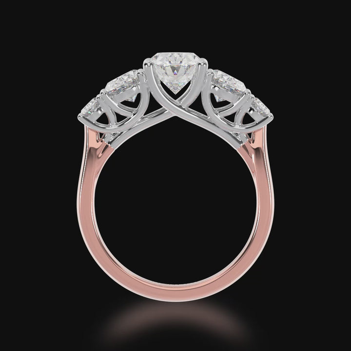 Five stone oval diamond ring on a rose gold band 3d video