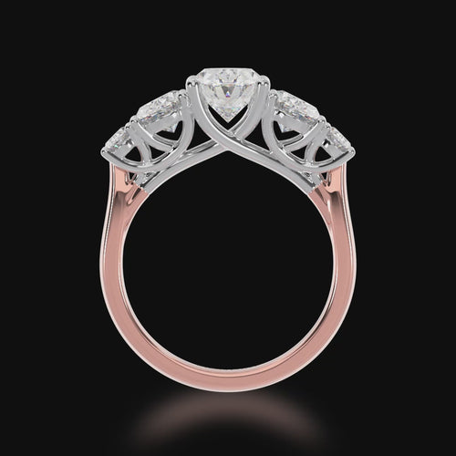 A 3D video of the Mondial by Nadia five stone oval diamond engagement ring on a rose gold band.