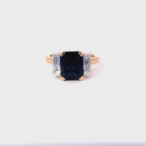 Emerald cut Australian black sapphire ring on rose gold band