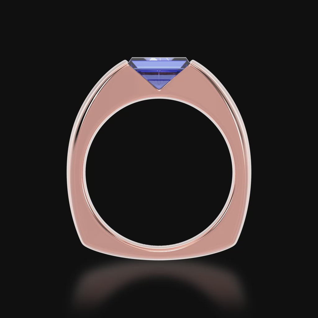 The Mondial by Nadia Embrace baguette cut blue sapphire engagement ring in rose gold 3d video.