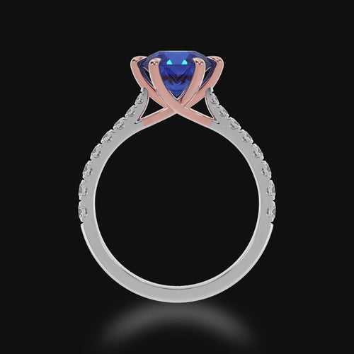 The Mondial by Nadia Round brilliant cut solitaire blue sapphire engagement ring with diamond set band 3d view.