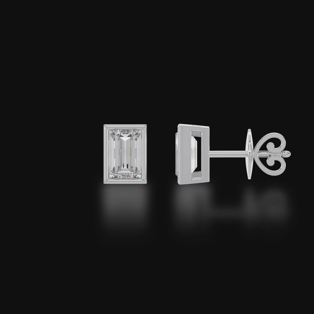 Baguette cut bezel set diamond stud earrings 3d video