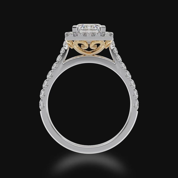 Emerald cut diamond halo engagement ring with diamond set band  3d view