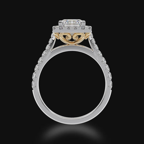 Emerald cut diamond halo engagement ring with diamond set band  3d view