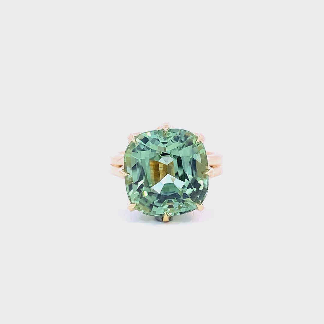 Mint apple green tourmaline cocktail ring set with a cross hatched diamond basket video