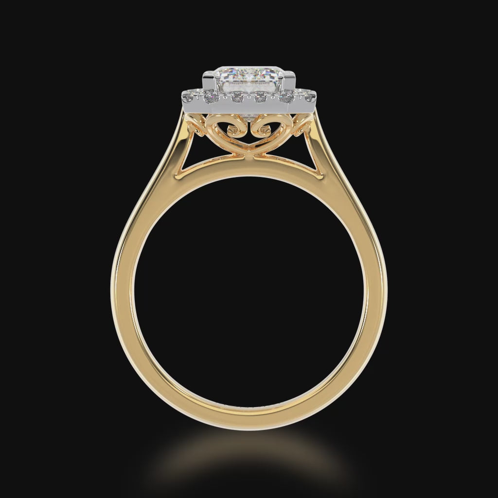 Emerald cut diamond halo engagement ring on yellow band 3d video