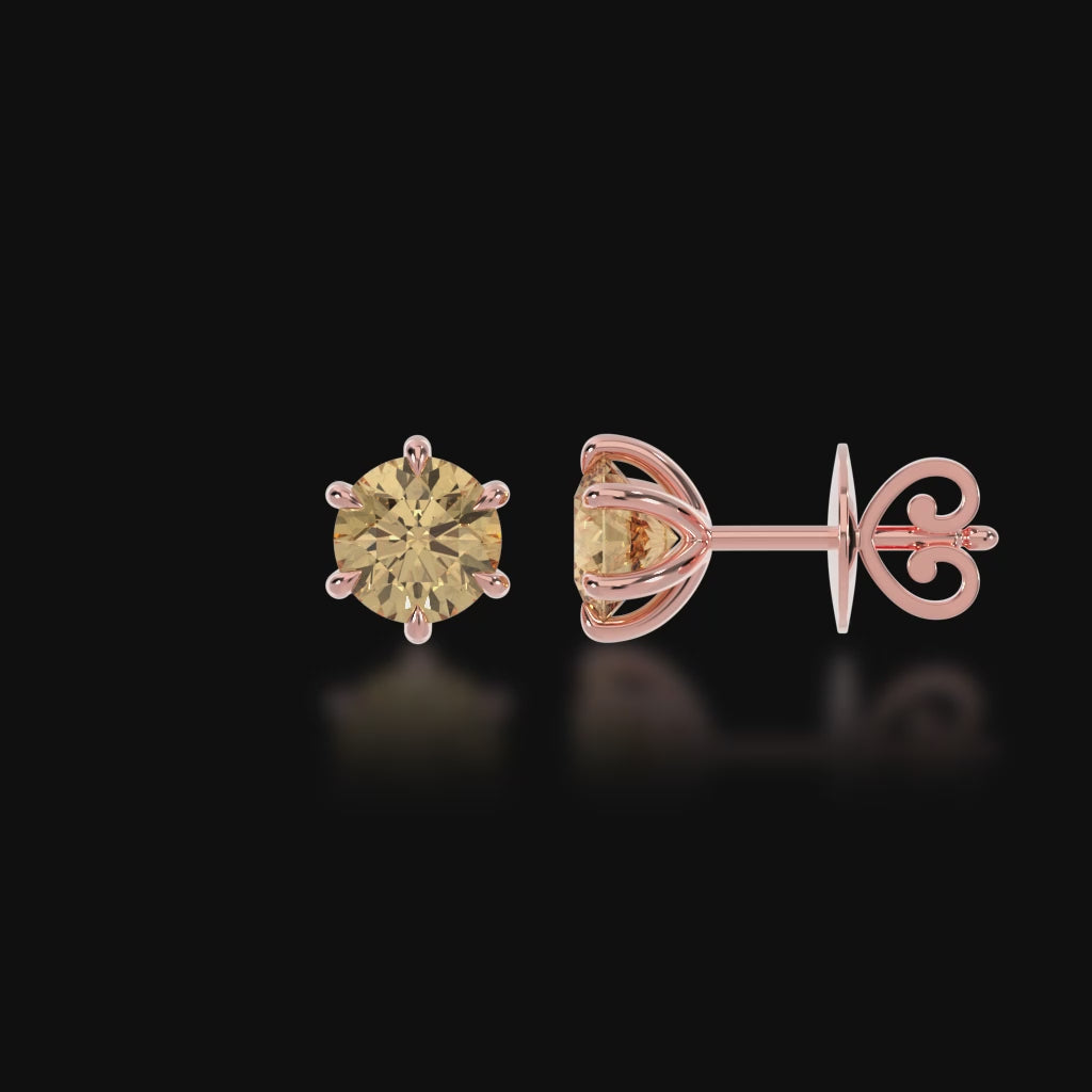 Round brilliant cut champagne diamond stud earrings 3d video