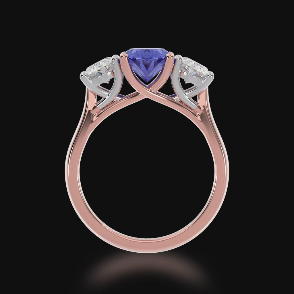 The Mondial by Nadia Trilogy oval cut blue sapphire engagement ring with diamonds on rose gold band 3d video.