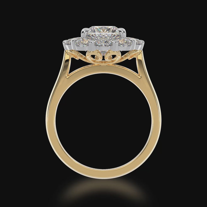 Cushion cut diamond cluster design on yellow gold band 3d video