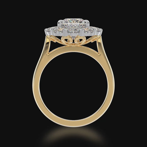 Cushion cut diamond cluster design on yellow gold band 3d video