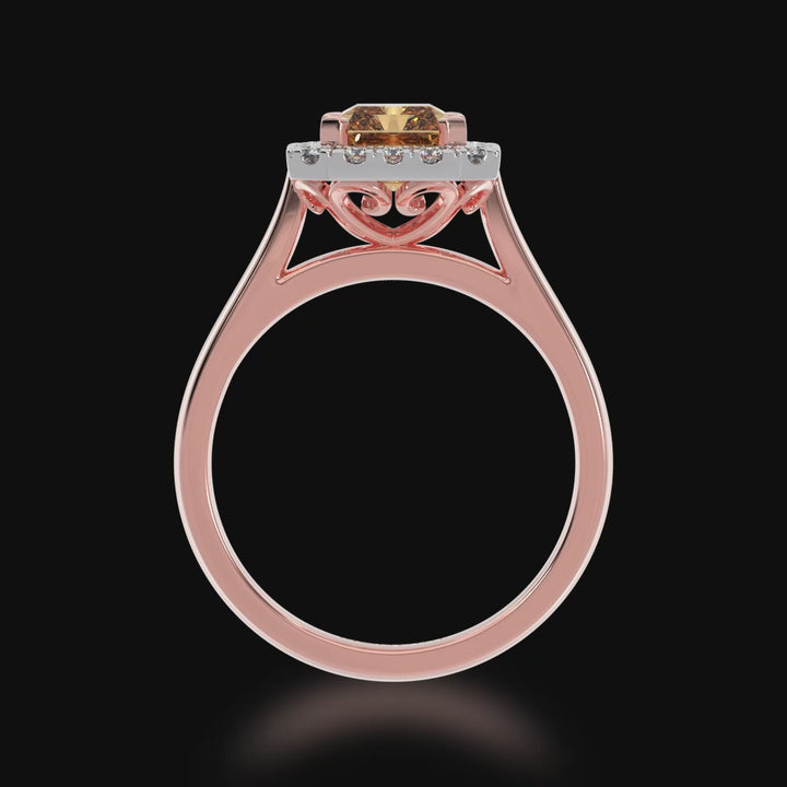 Radiant cut champagne diamond halo engagement ring on rose gold band 3d video