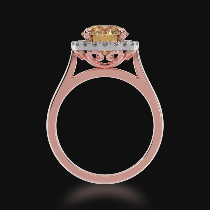Round brilliant cut champagne diamond halo engagement ring on rose gold band 3d video