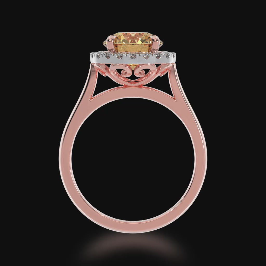 Round brilliant cut champagne diamond halo engagement ring on rose gold band 3d video