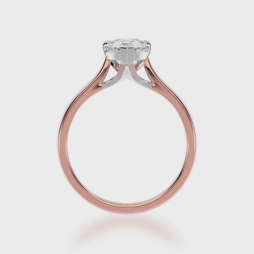 Pear shaped diamond solitaire engagement ring on rose gold band 3d video