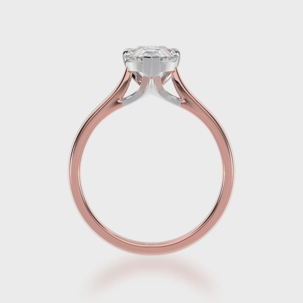 Pear shaped diamond solitaire engagement ring on rose gold band 3d video