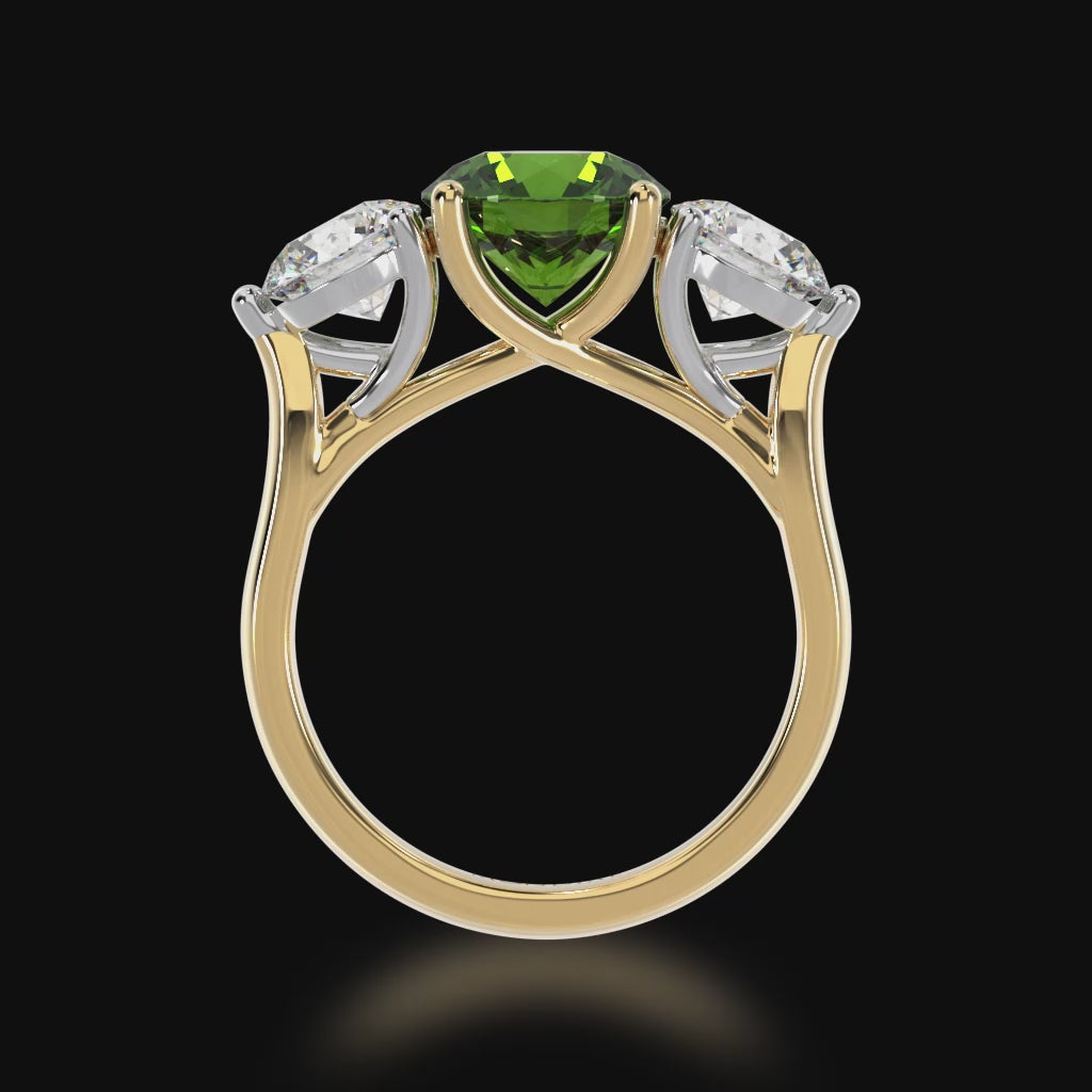 Trilogy round brilliant cut green sapphire and diamond ring on yellow gold band 3d video