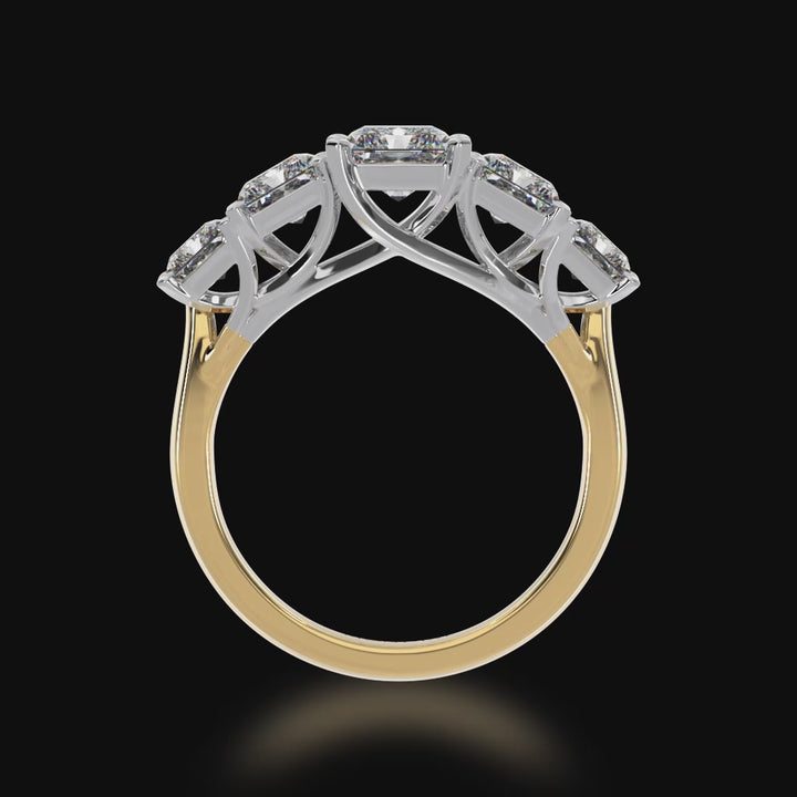 Five stone radiant cut diamond ring on yellow gold band 3d video