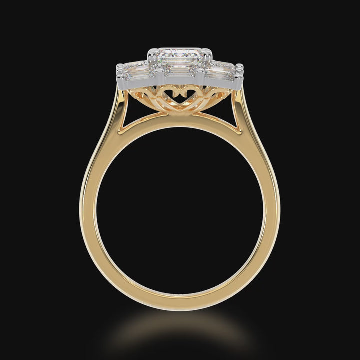 Emerald cut diamond cluster ring on yellow gold band 3d video 