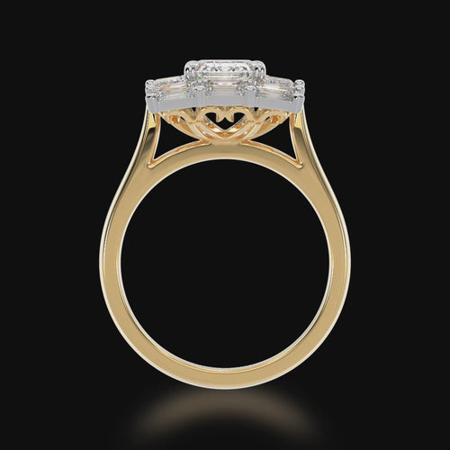 Emerald cut diamond cluster ring on yellow gold band 3d video 