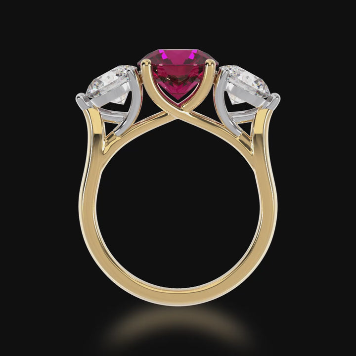 Trilogy round brilliant cut ruby and diamond ring on yellow gold band 3d view 