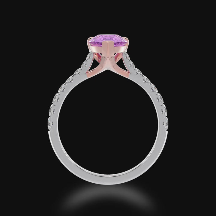 Pear shaped pink sapphire solitaire engagement ring with diamond set band 3d video