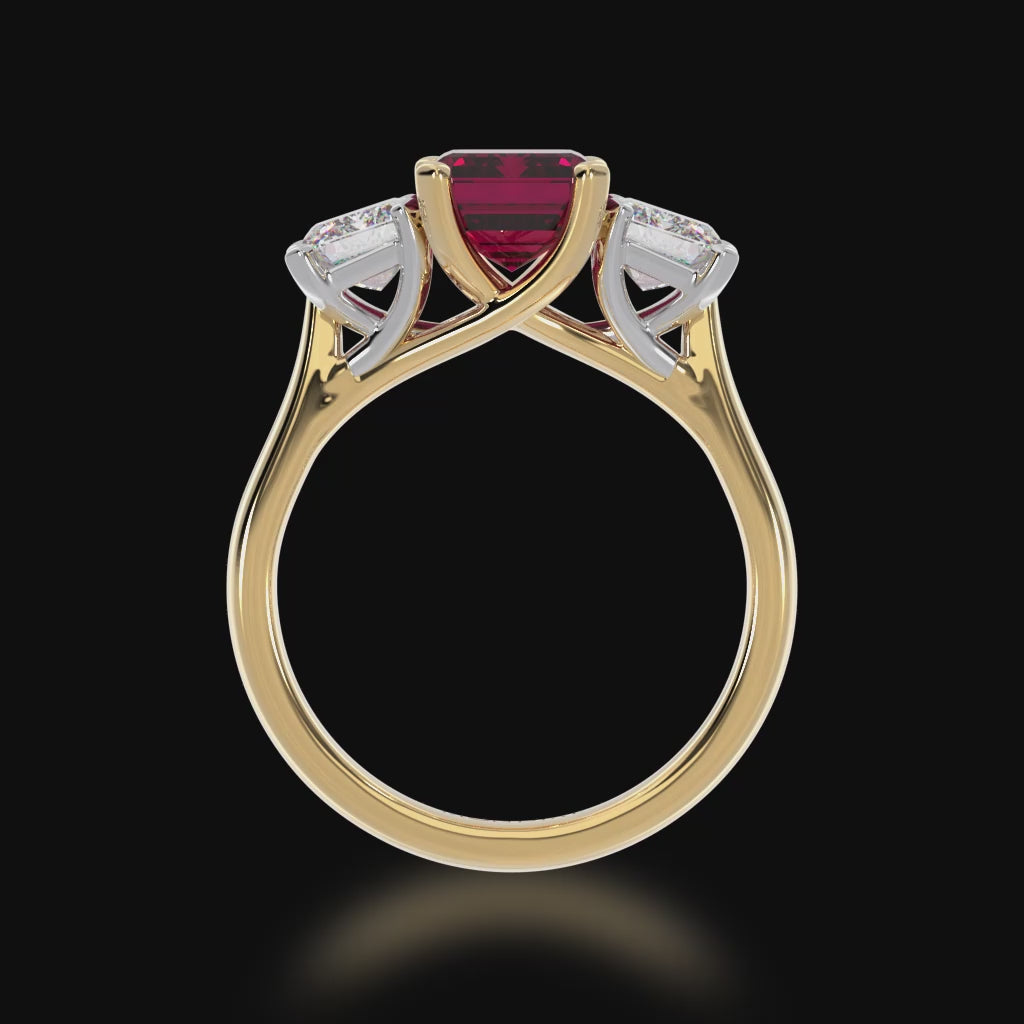 Trilogy emerald cut ruby and diamond ring on yellow gold band 3d view 