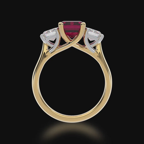 Trilogy emerald cut ruby and diamond ring on yellow gold band 3d view 