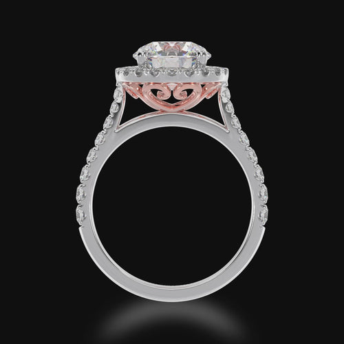 Round brilliant cut diamond halo engagement ring with diamond set band