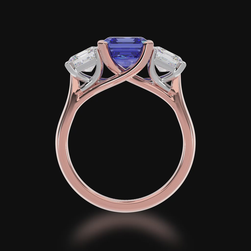 Trilogy asscher cut blue sapphire and diamond ring on rose gold band 3d video