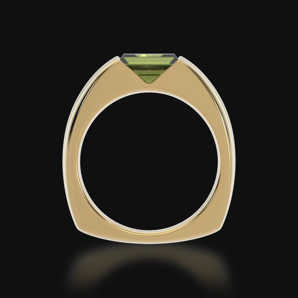 Baguette cut Green sapphire in yellow gold 'embrace' design ring 3d video.