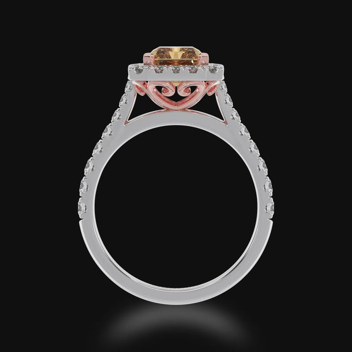 Radiant cut champagne diamond halo engagement ring with diamond set band 3d video