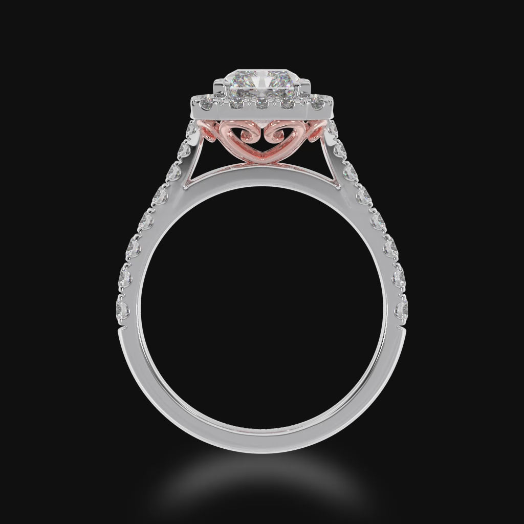 Radiant cut diamond halo engagement ring with diamond set band 3d video
