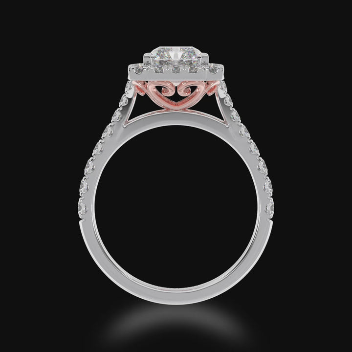 Radiant cut diamond halo engagement ring with diamond set band 3d video