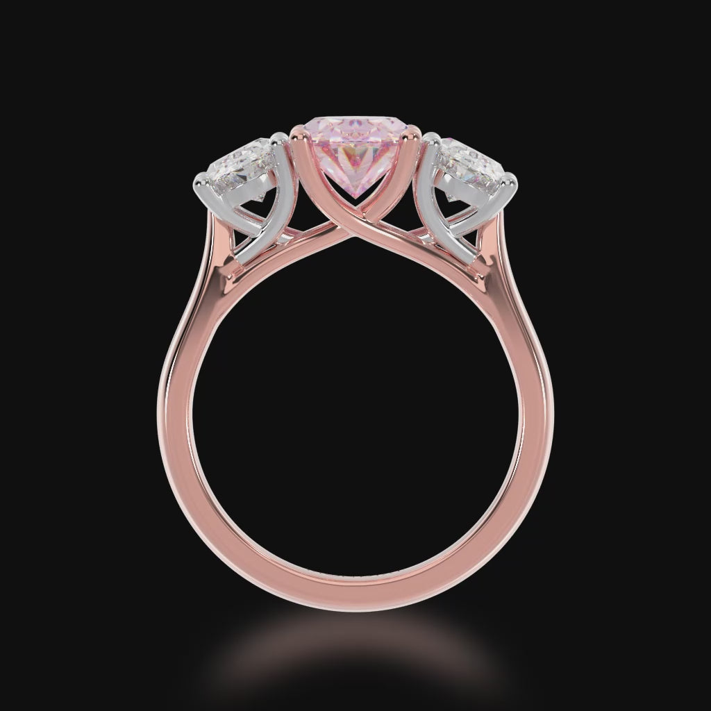 Trilogy oval cut pink sapphire and diamond ring on rose gold band 3d video 